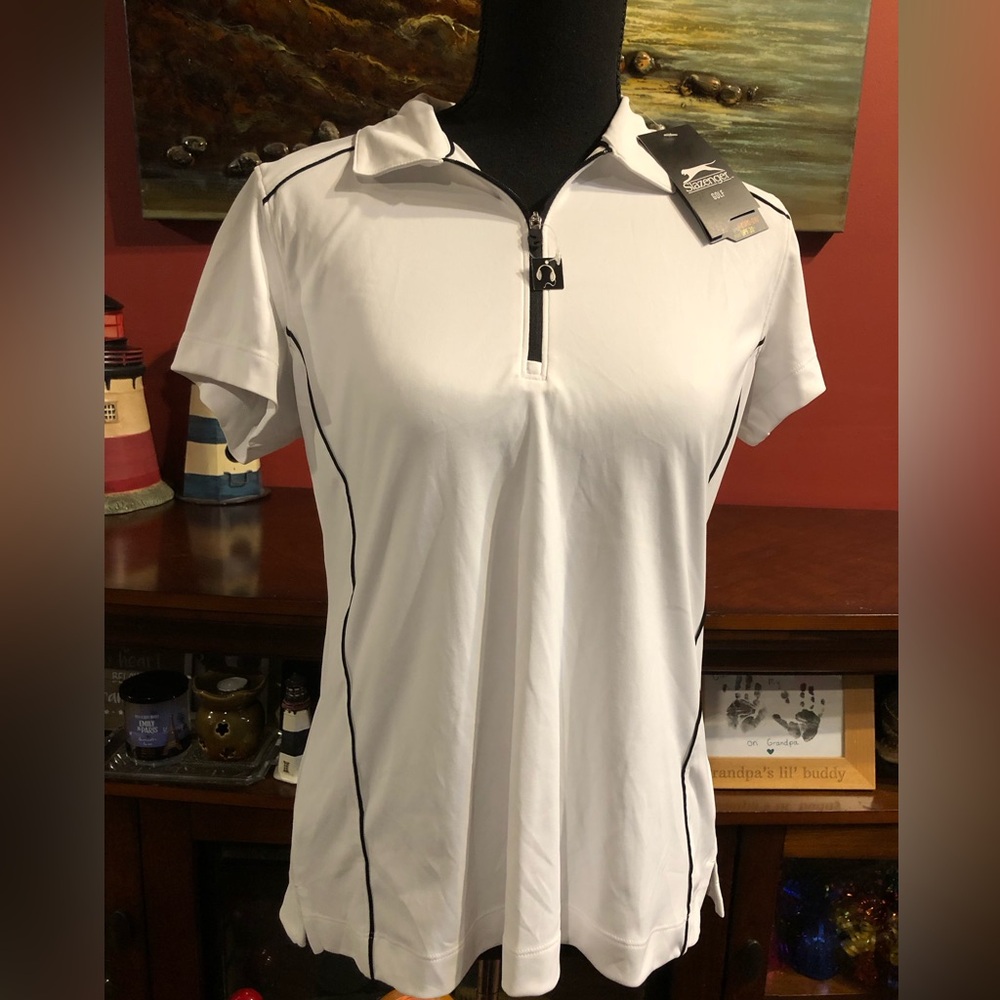 Slazenger White Short-Sleeve Polo Top with Black Piping and Zip